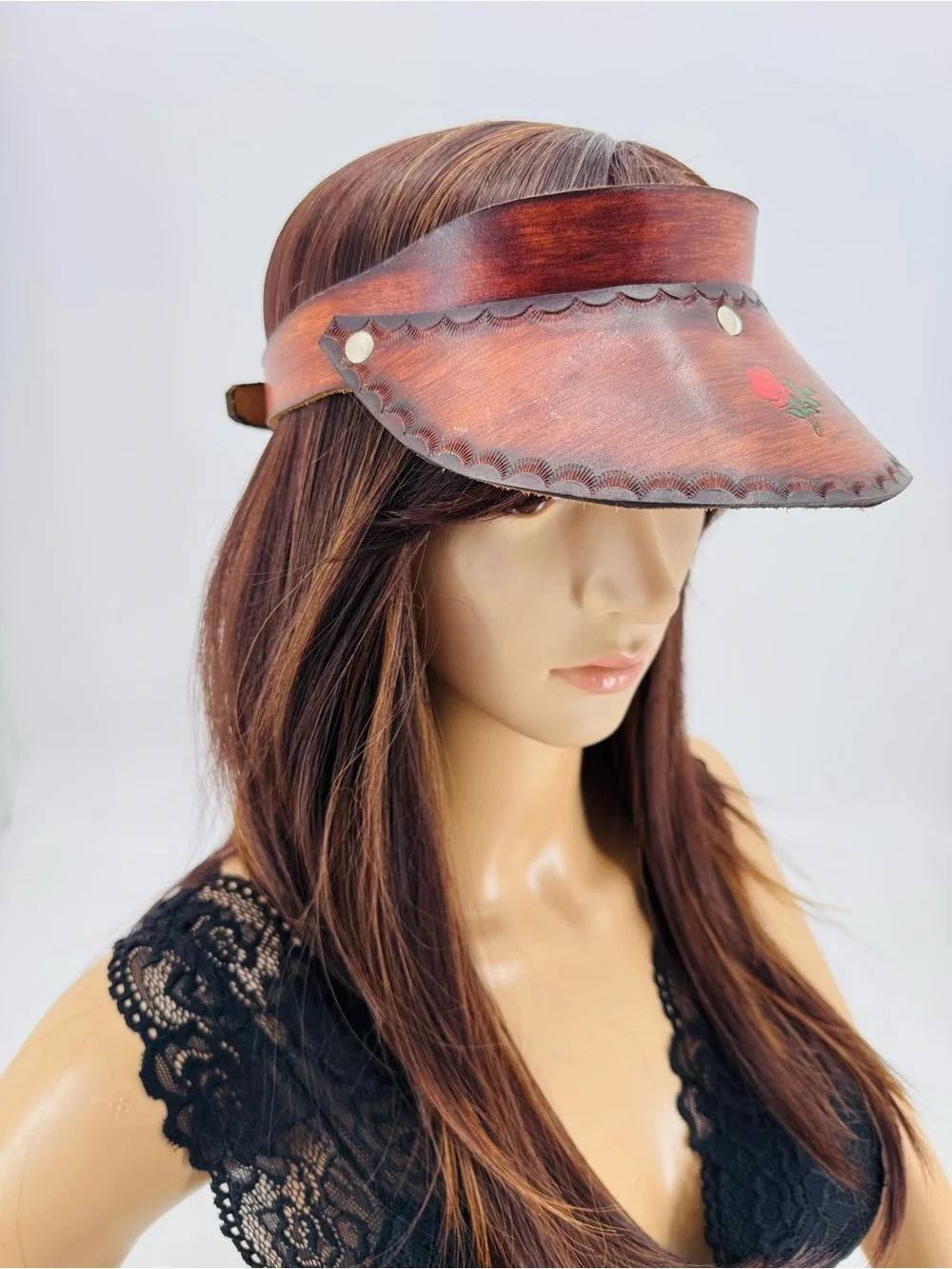 Vintage 70s Boho Hippie Groovy Western Tooled Leather Floral Sun Gambler Visor